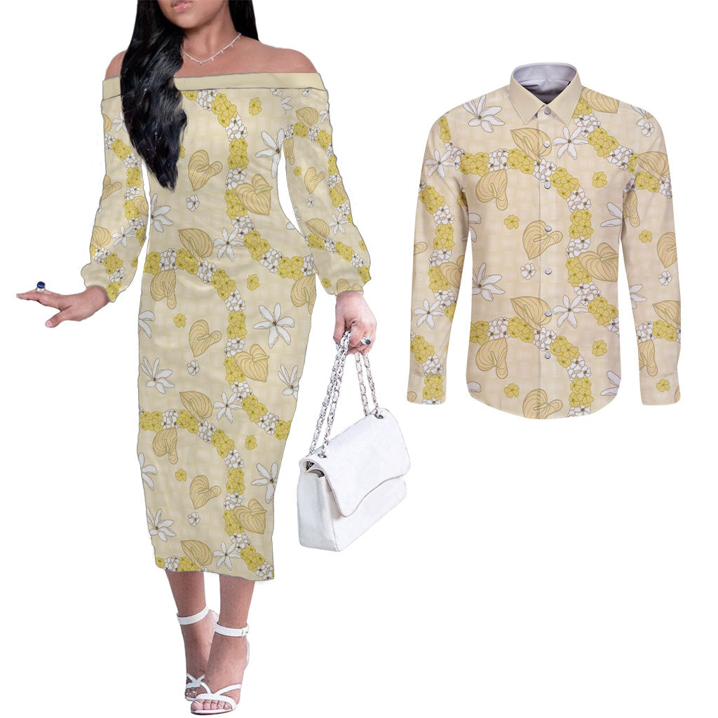 Hawaii Anthurium Tiare Pikake Lei Couples Matching Off The Shoulder Long Sleeve Dress and Long Sleeve Button Shirt Melemele Lauhala Art Pattern