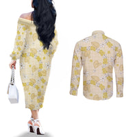 Hawaii Anthurium Tiare Pikake Lei Couples Matching Off The Shoulder Long Sleeve Dress and Long Sleeve Button Shirt Melemele Lauhala Art Pattern