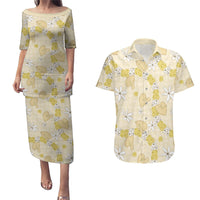 Hawaii Anthurium Tiare Pikake Lei Couples Matching Puletasi and Hawaiian Shirt Melemele Lauhala Art Pattern