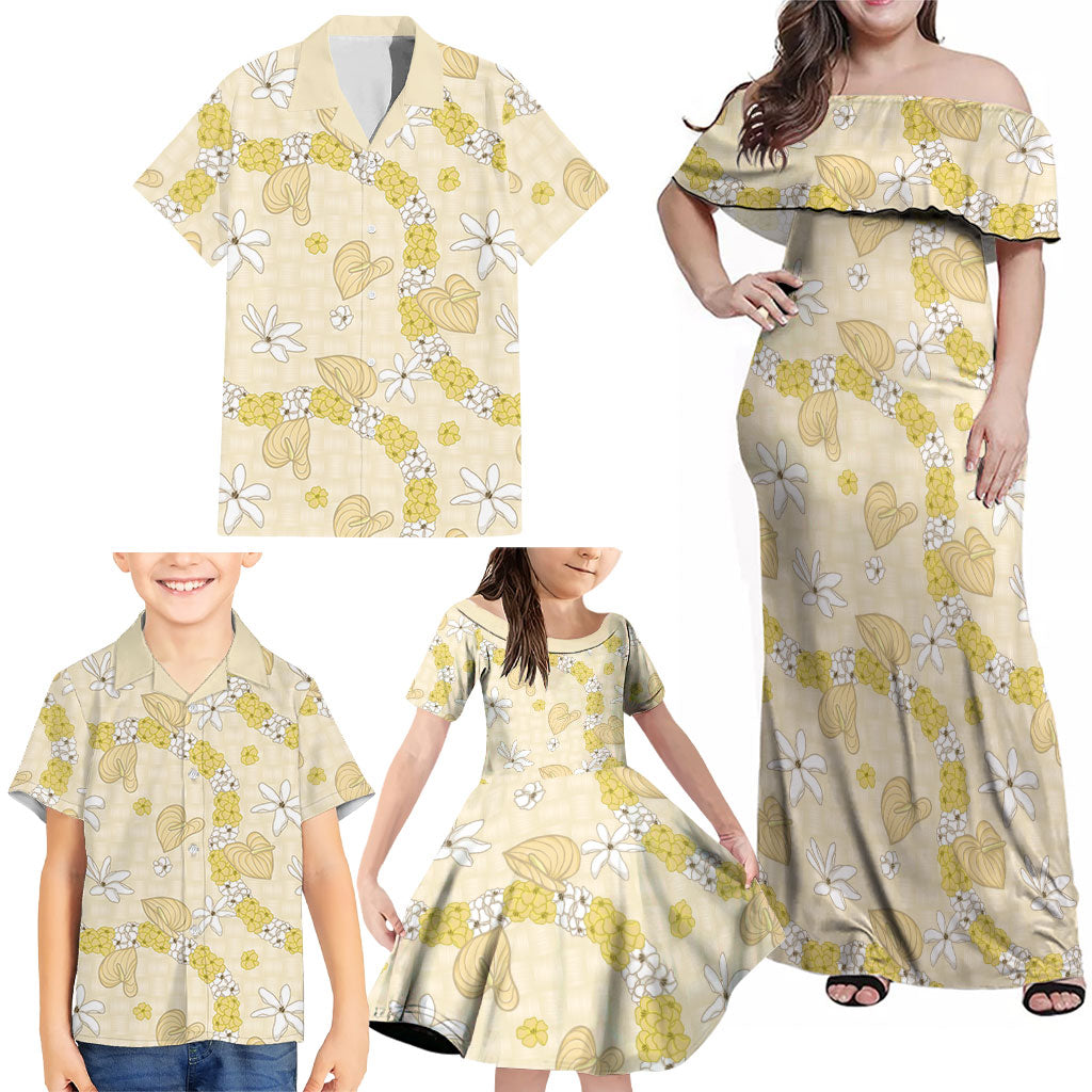 Hawaii Anthurium Tiare Pikake Lei Family Matching Off Shoulder Maxi Dress and Hawaiian Shirt Melemele Lauhala Art Pattern LT01 - Polynesian Pride