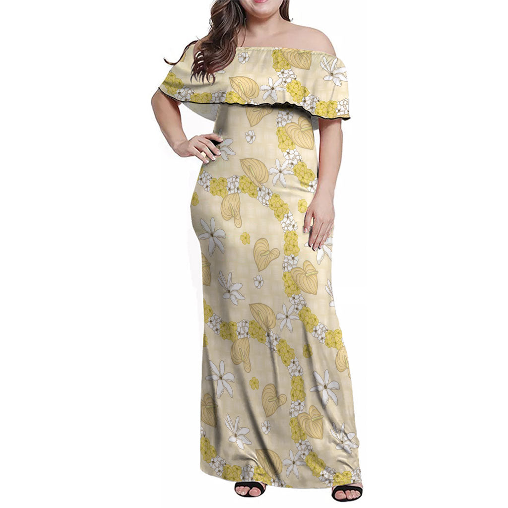 Hawaii Anthurium Tiare Pikake Lei Family Matching Off Shoulder Maxi Dress and Hawaiian Shirt Melemele Lauhala Art Pattern LT01 Mom's Dress Yellow - Polynesian Pride