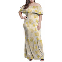 Hawaii Anthurium Tiare Pikake Lei Family Matching Off Shoulder Maxi Dress and Hawaiian Shirt Melemele Lauhala Art Pattern LT01 Mom's Dress Yellow - Polynesian Pride