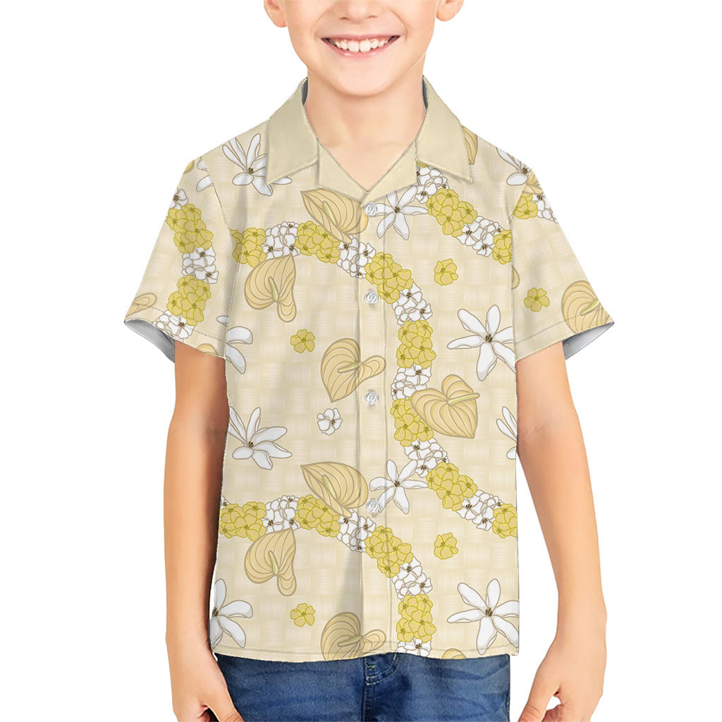 Hawaii Anthurium Tiare Pikake Lei Family Matching Off Shoulder Maxi Dress and Hawaiian Shirt Melemele Lauhala Art Pattern LT01 Son's Shirt Yellow - Polynesian Pride