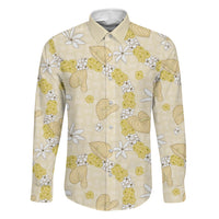 Hawaii Anthurium Tiare Pikake Lei Family Matching Off Shoulder Short Dress and Hawaiian Shirt Melemele Lauhala Art Pattern LT01 Dad's Shirt - Long Sleeve Yellow - Polynesian Pride