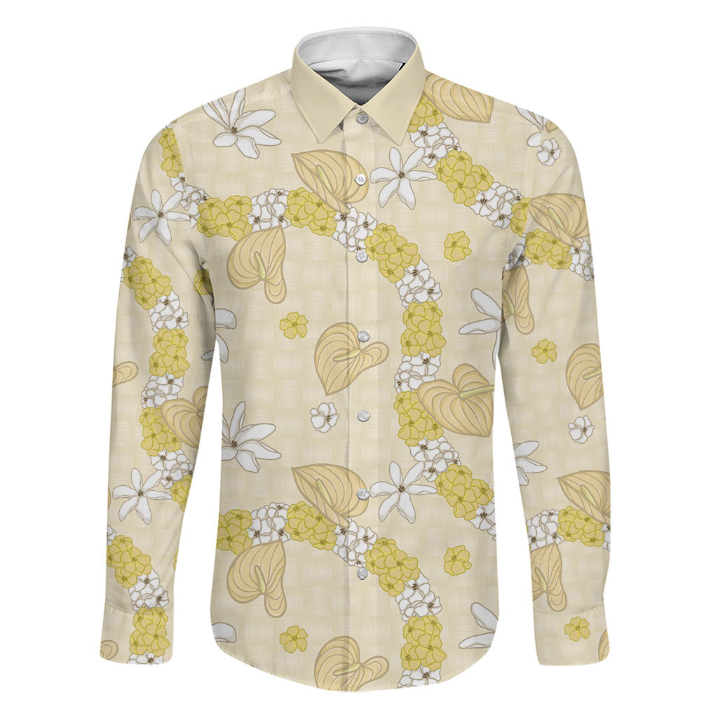 Hawaii Anthurium Tiare Pikake Lei Family Matching Short Sleeve Bodycon Dress and Hawaiian Shirt Melemele Lauhala Art Pattern LT01 Dad's Shirt - Long Sleeve Yellow - Polynesian Pride