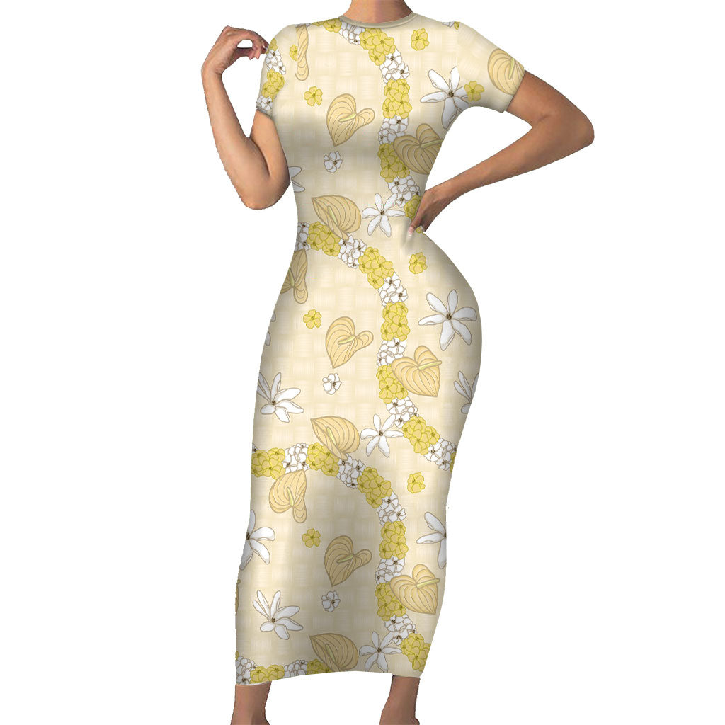 Hawaii Anthurium Tiare Pikake Lei Family Matching Short Sleeve Bodycon Dress and Hawaiian Shirt Melemele Lauhala Art Pattern LT01 Mom's Dress Yellow - Polynesian Pride