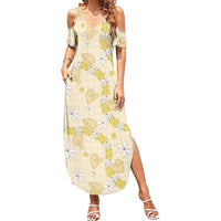 Hawaii Anthurium Tiare Pikake Lei Family Matching Summer Maxi Dress and Hawaiian Shirt Melemele Lauhala Art Pattern LT01 Mom's Dress Yellow - Polynesian Pride