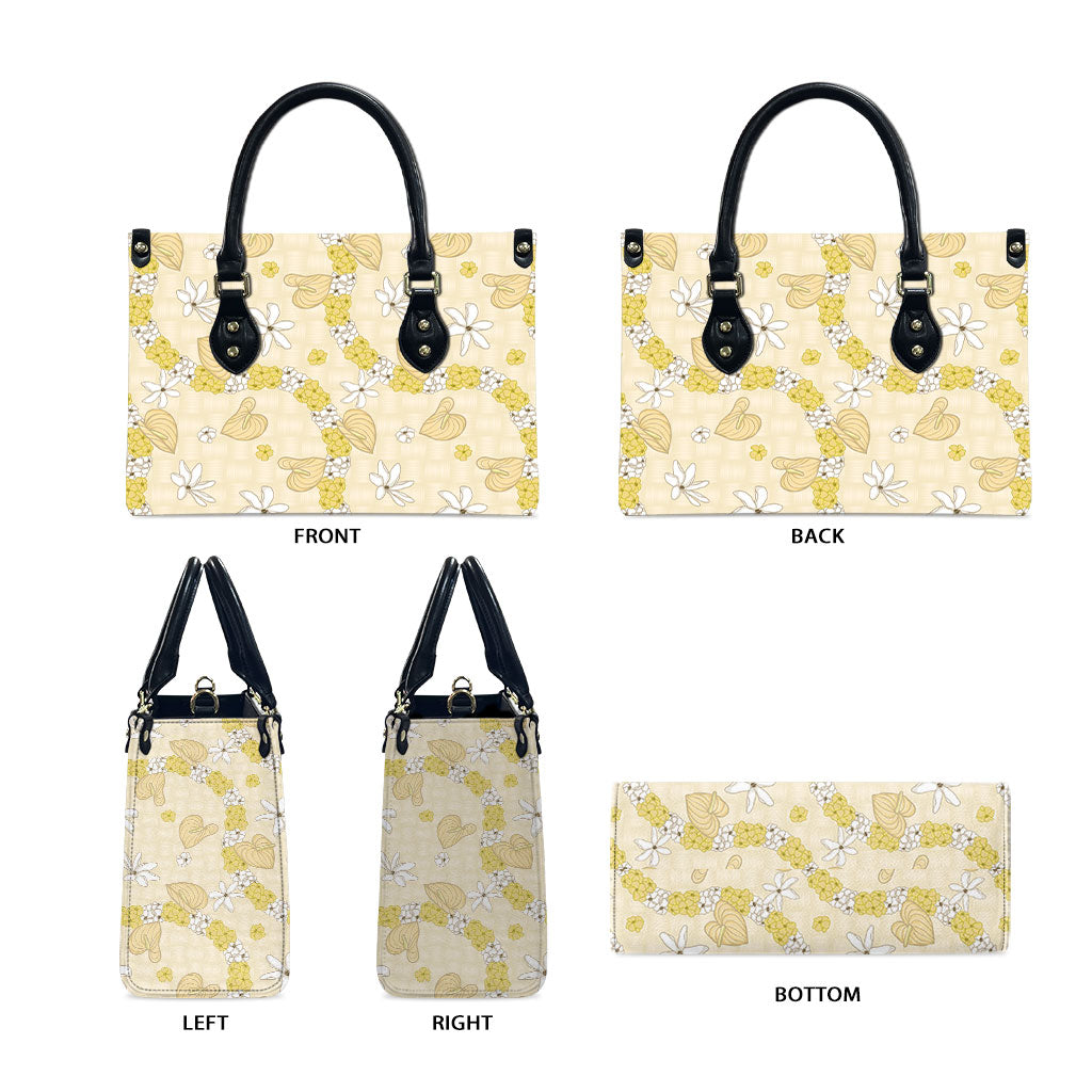 Hawaii Anthurium Tiare Pikake Lei Leather Bag Melemele Lauhala Art Pattern