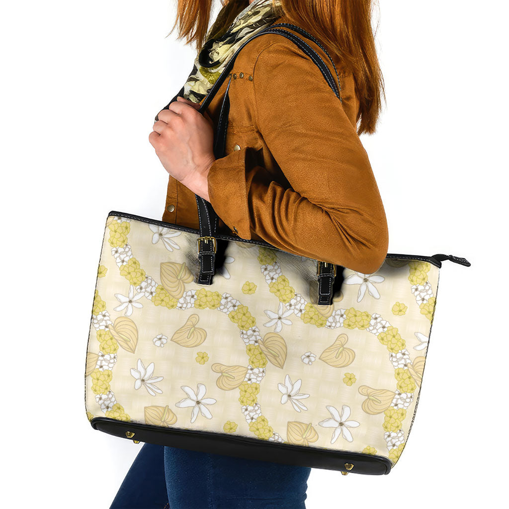 Hawaii Anthurium Tiare Pikake Lei Leather Tote Bag Melemele Lauhala Art Pattern
