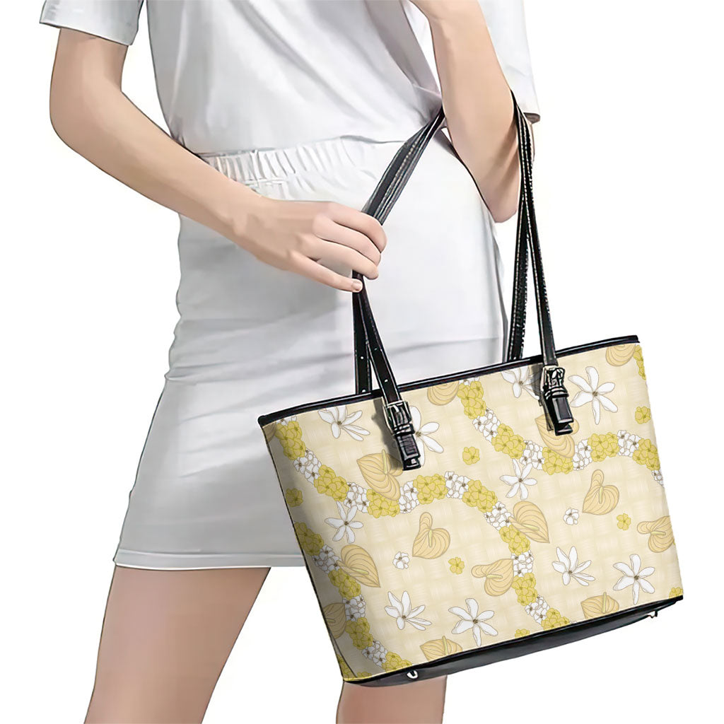 Hawaii Anthurium Tiare Pikake Lei Leather Tote Bag Melemele Lauhala Art Pattern