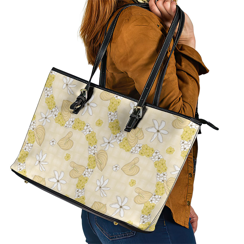 Hawaii Anthurium Tiare Pikake Lei Leather Tote Bag Melemele Lauhala Art Pattern