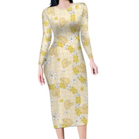 Hawaii Anthurium Tiare Pikake Lei Long Sleeve Bodycon Dress Melemele Lauhala Art Pattern