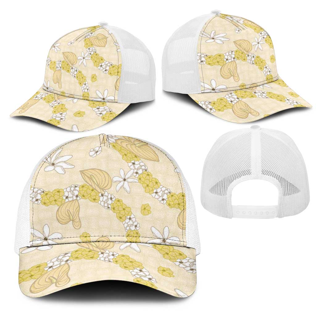 Hawaii Anthurium Tiare Pikake Lei Mesh Trucker Cap Melemele Lauhala Art Pattern
