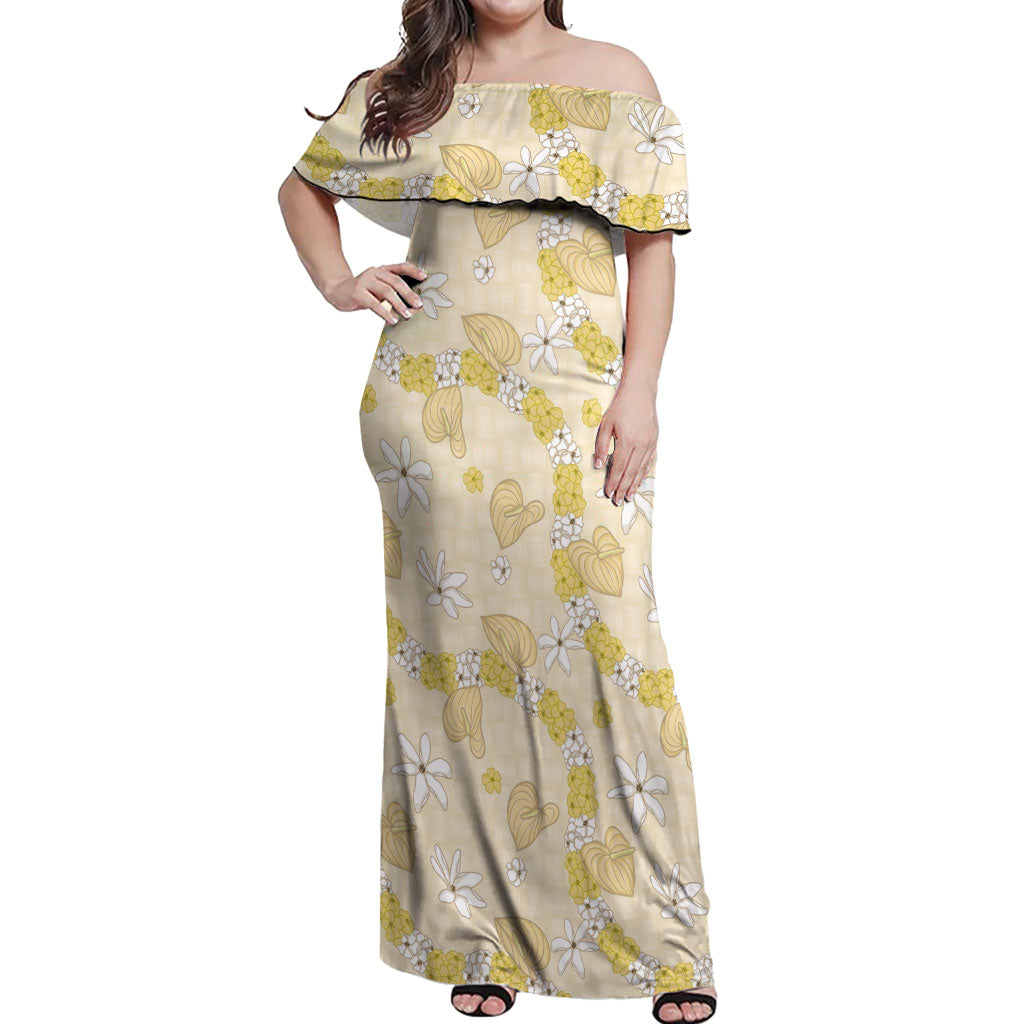 Hawaii Anthurium Tiare Pikake Lei Off Shoulder Maxi Dress Melemele Lauhala Art Pattern