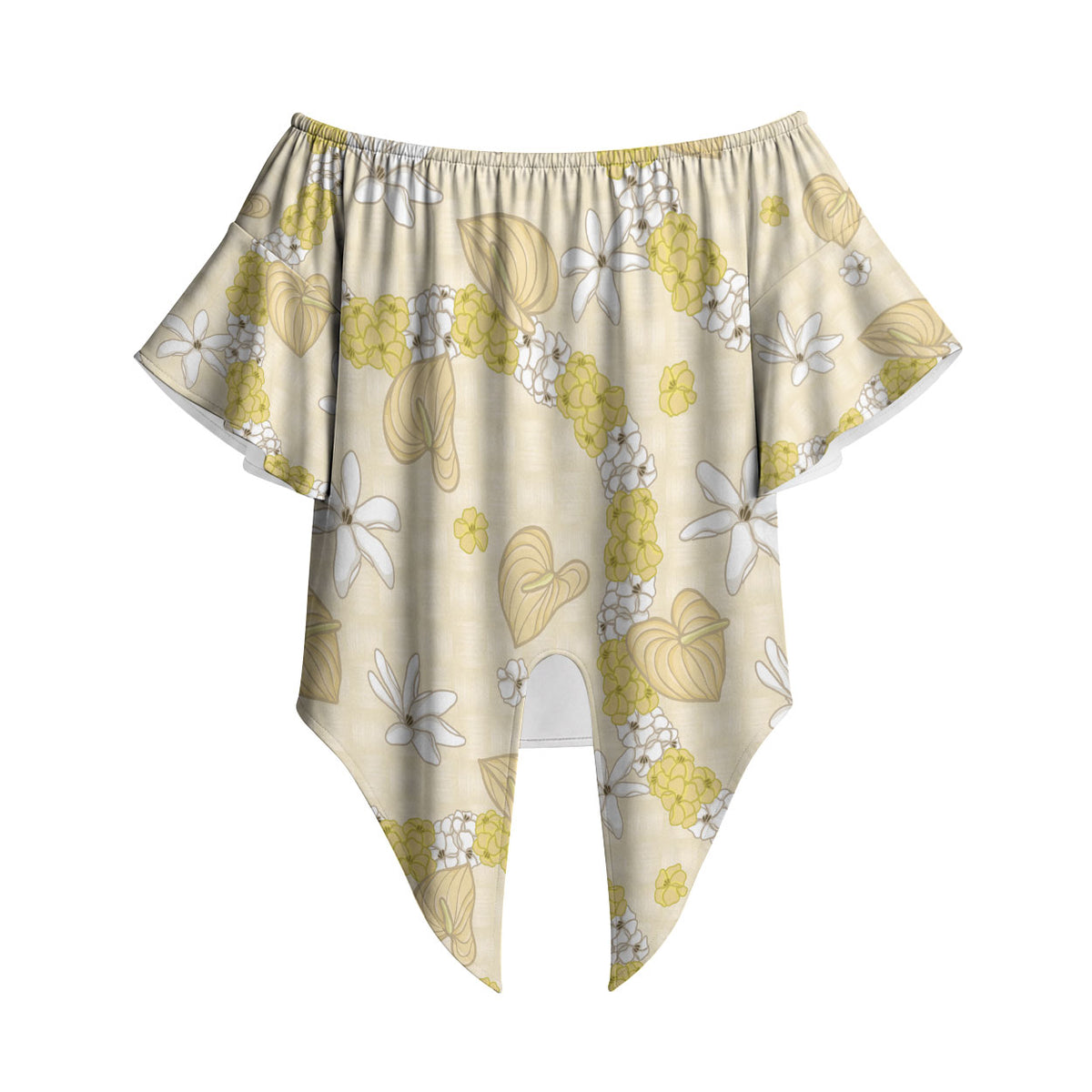 Hawaii Anthurium Tiare Pikake Lei Off Shoulder Wrap Waist Top Melemele Lauhala Art Pattern LT01 Yellow - Polynesian Pride