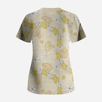 Hawaii Anthurium Tiare Pikake Lei Scrub Top Melemele Lauhala Art Pattern