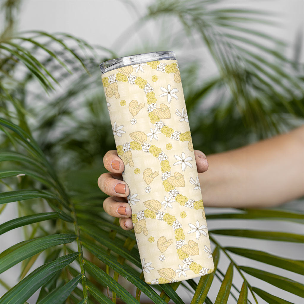 Hawaii Anthurium Tiare Pikake Lei Skinny Tumbler Melemele Lauhala Art Pattern
