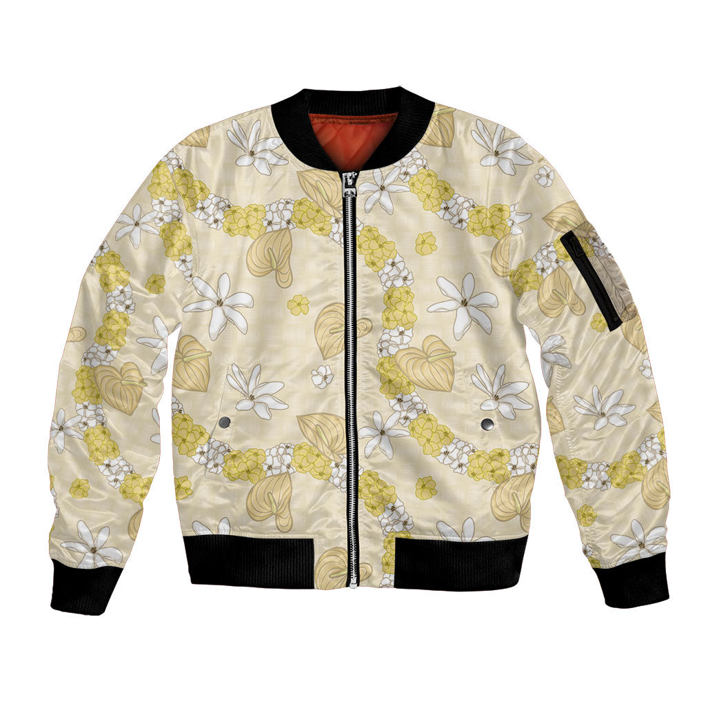 Hawaii Anthurium Tiare Pikake Lei Sleeve Zip Bomber Jacket Melemele Lauhala Art Pattern