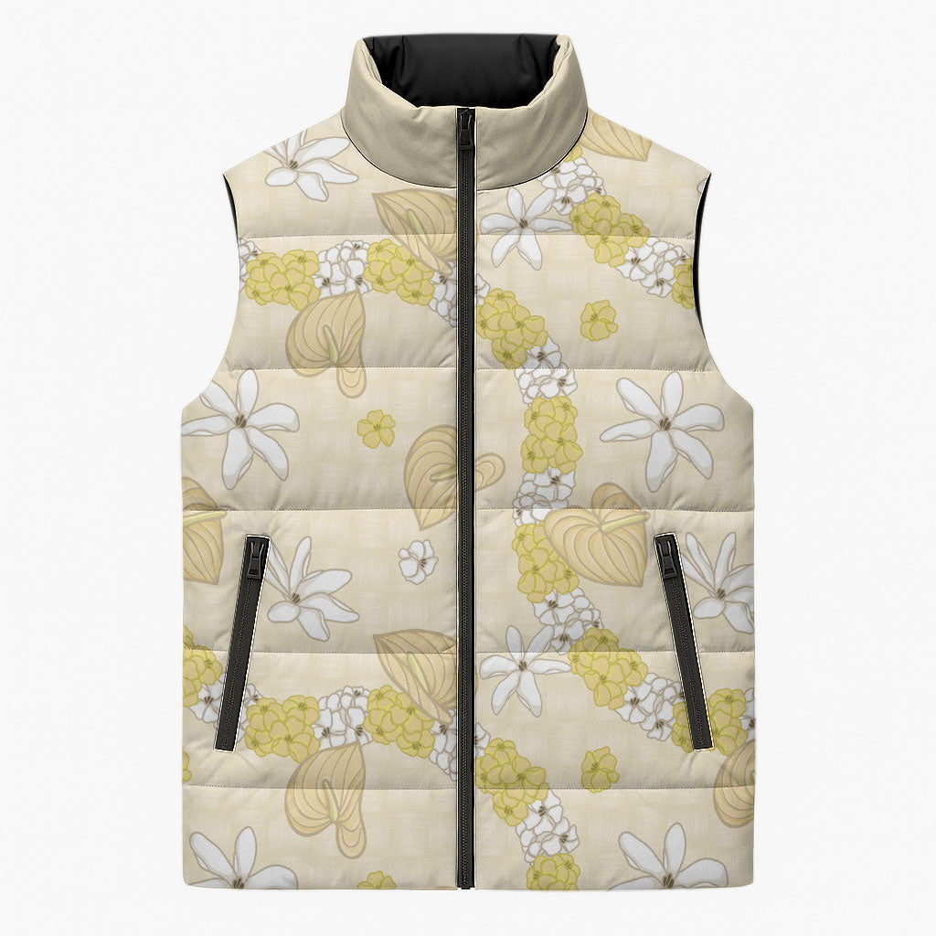 Hawaii Anthurium Tiare Pikake Lei Sleeveless Puffer Jacket Melemele Lauhala Art Pattern