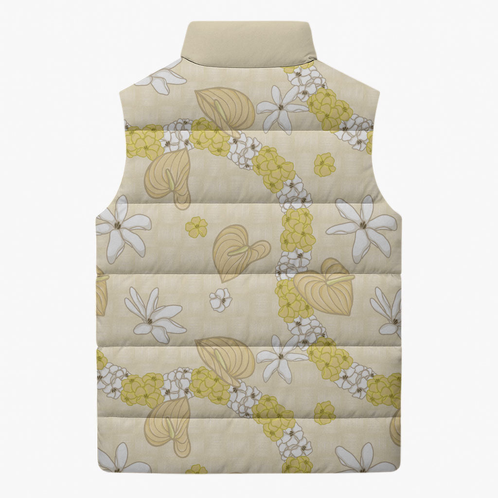 Hawaii Anthurium Tiare Pikake Lei Sleeveless Puffer Jacket Melemele Lauhala Art Pattern