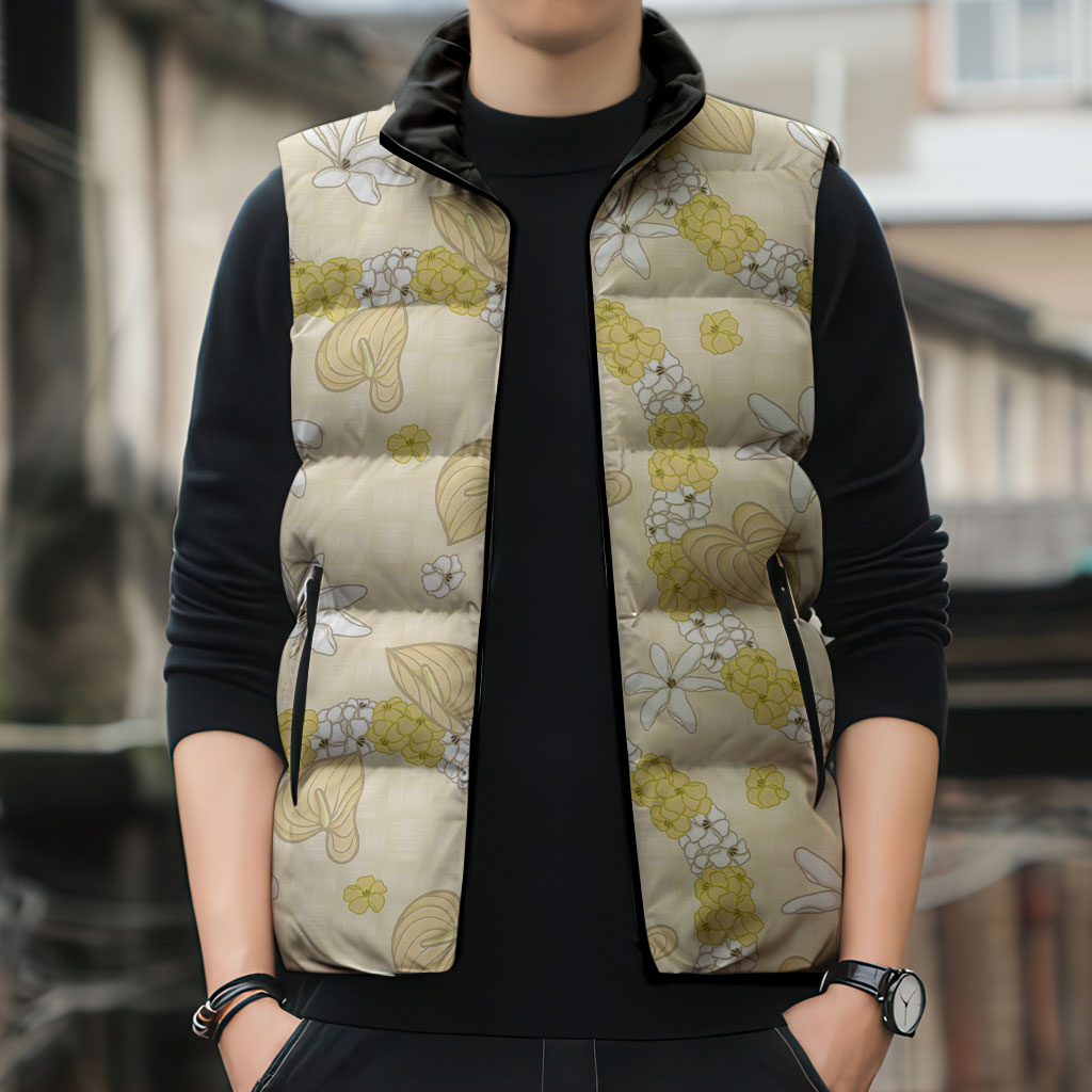 Hawaii Anthurium Tiare Pikake Lei Sleeveless Puffer Jacket Melemele Lauhala Art Pattern