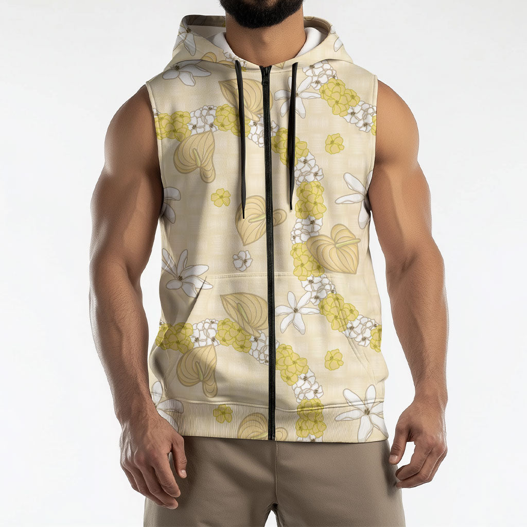 Hawaii Anthurium Tiare Pikake Lei Sleeveless Zip Hoodie Melemele Lauhala Art Pattern