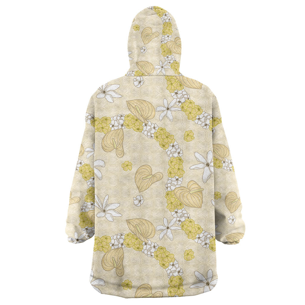 Hawaii Anthurium Tiare Pikake Lei Wearable Blanket Hoodie Melemele Lauhala Art Pattern
