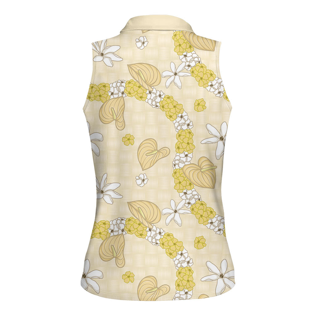 Hawaii Anthurium Tiare Pikake Lei Women Sleeveless Polo Shirt Melemele Lauhala Art Pattern