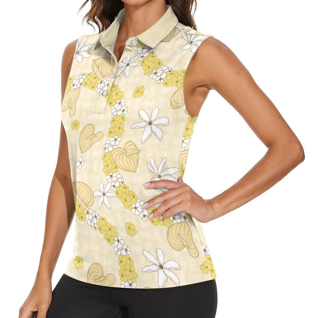 Hawaii Anthurium Tiare Pikake Lei Women Sleeveless Polo Shirt Melemele Lauhala Art Pattern