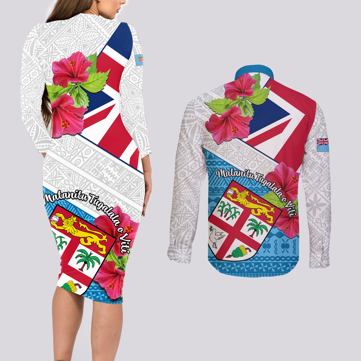 Fiji Day Couples Matching Long Sleeve Bodycon Dress and Long Sleeve Button Shirts Fijian Hibiscus Special Version LT01 - Polynesian Pride