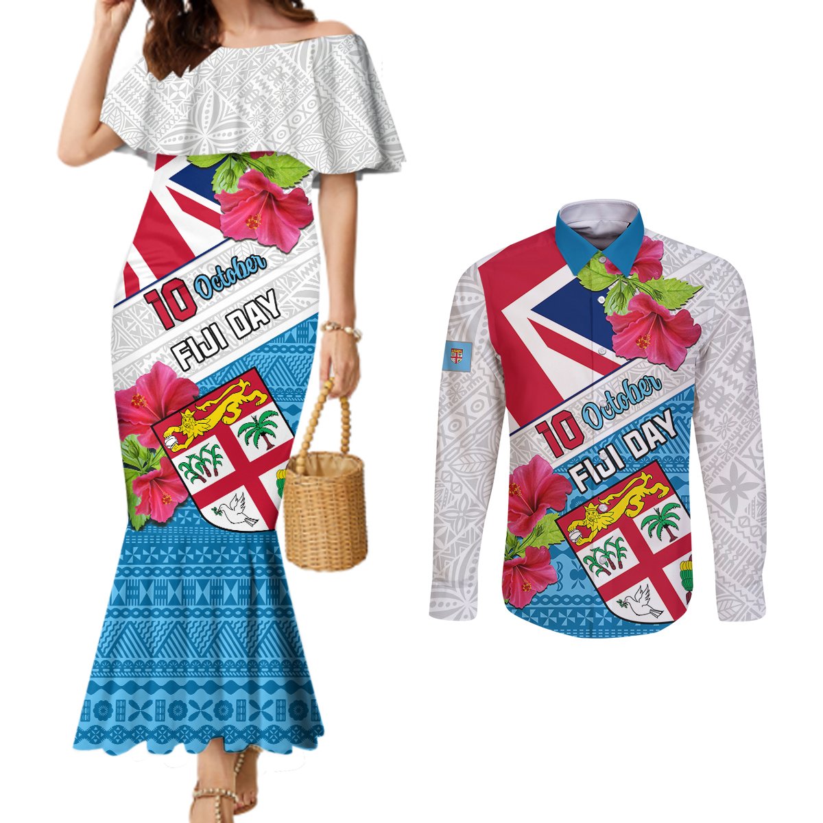 Fiji Day Couples Matching Mermaid Dress and Long Sleeve Button Shirts Fijian Hibiscus Special Version LT01 White - Polynesian Pride
