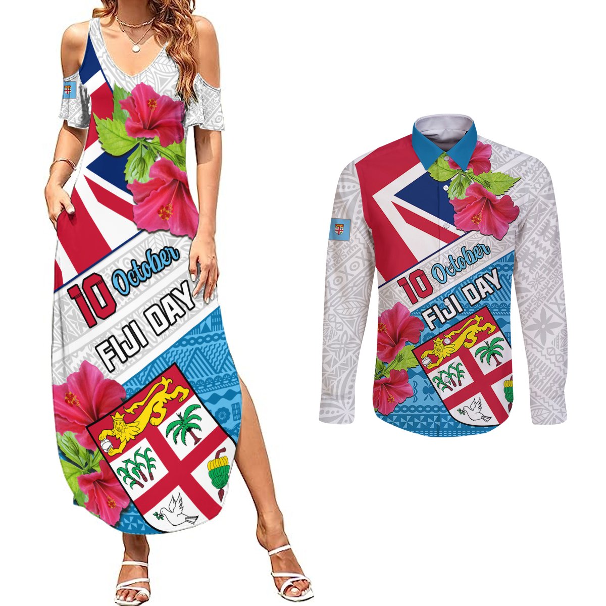 Fiji Day Couples Matching Summer Maxi Dress and Long Sleeve Button Shirts Fijian Hibiscus Special Version LT01 White - Polynesian Pride