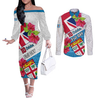 Personalised Fiji Day Couples Matching Off The Shoulder Long Sleeve Dress and Long Sleeve Button Shirts Fijian Hibiscus Special Version LT01 White - Polynesian Pride