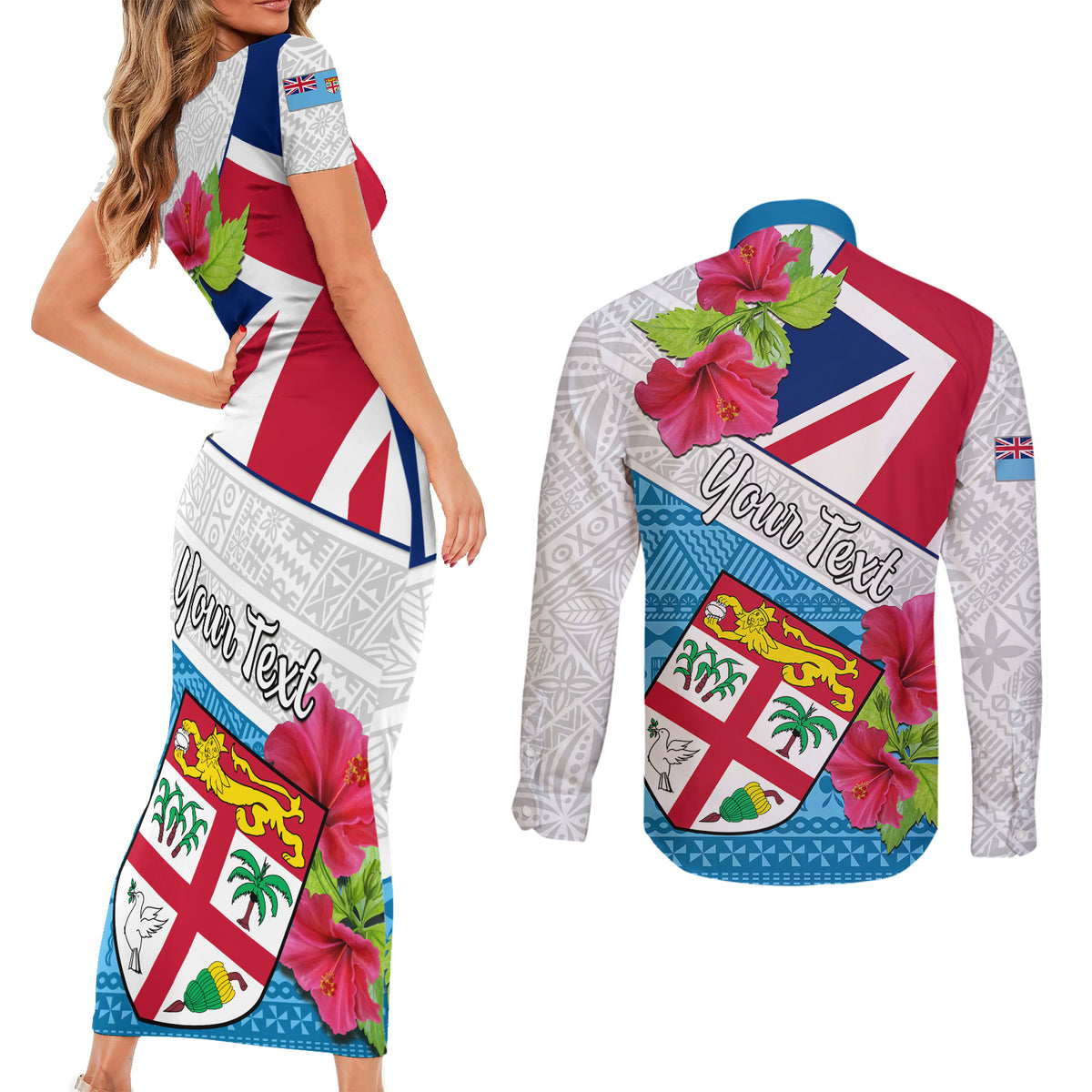 Personalised Fiji Day Couples Matching Short Sleeve Bodycon Dress and Long Sleeve Button Shirts Fijian Hibiscus Special Version LT01 - Polynesian Pride