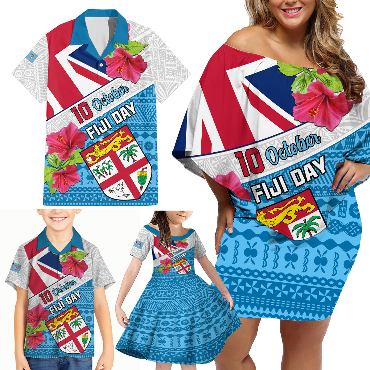 Personalised Fiji Day Family Matching Off Shoulder Short Dress and Hawaiian Shirt Fijian Hibiscus Special Version LT01 - Polynesian Pride