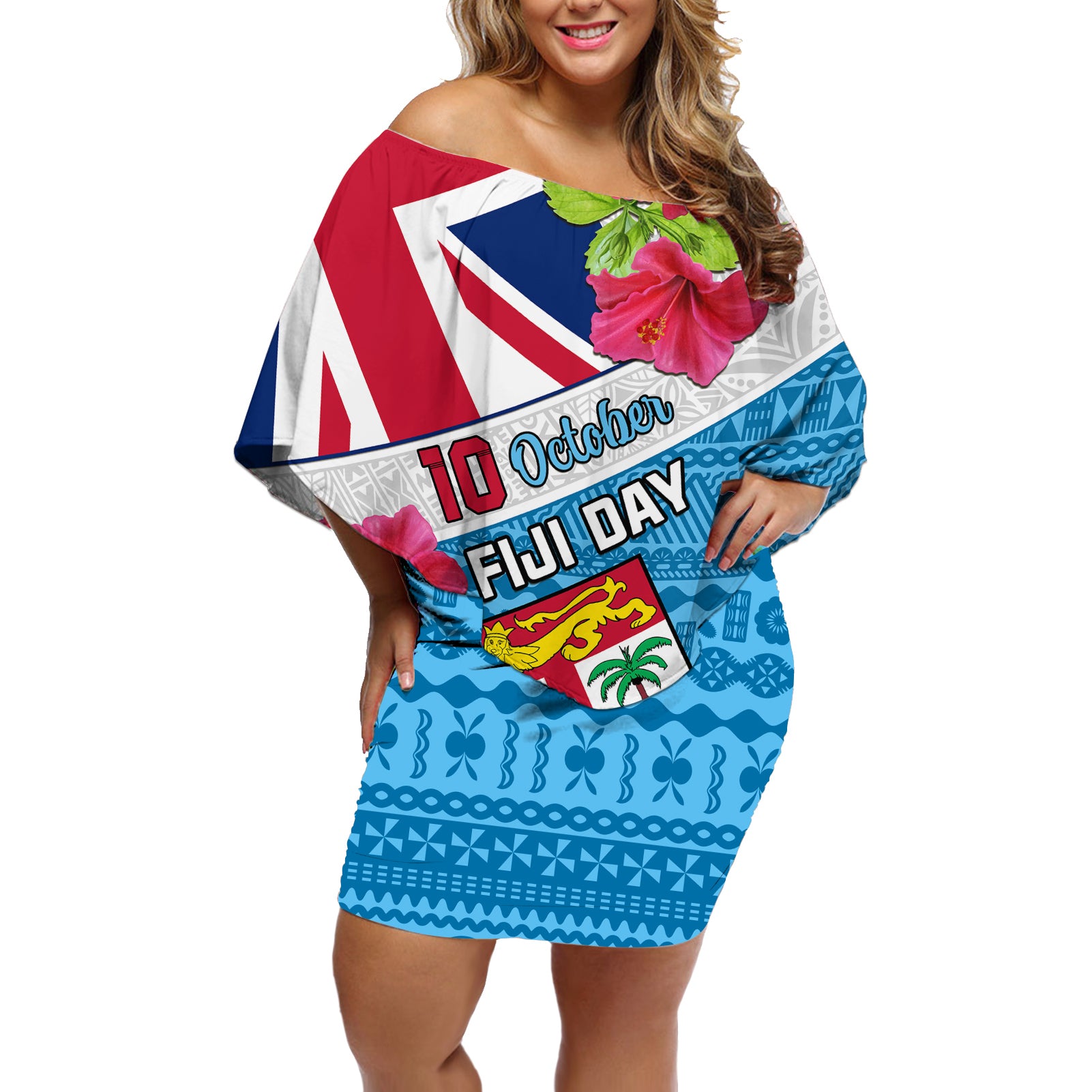 Personalised Fiji Day Off Shoulder Short Dress Fijian Hibiscus Special Version LT01 Women White - Polynesian Pride