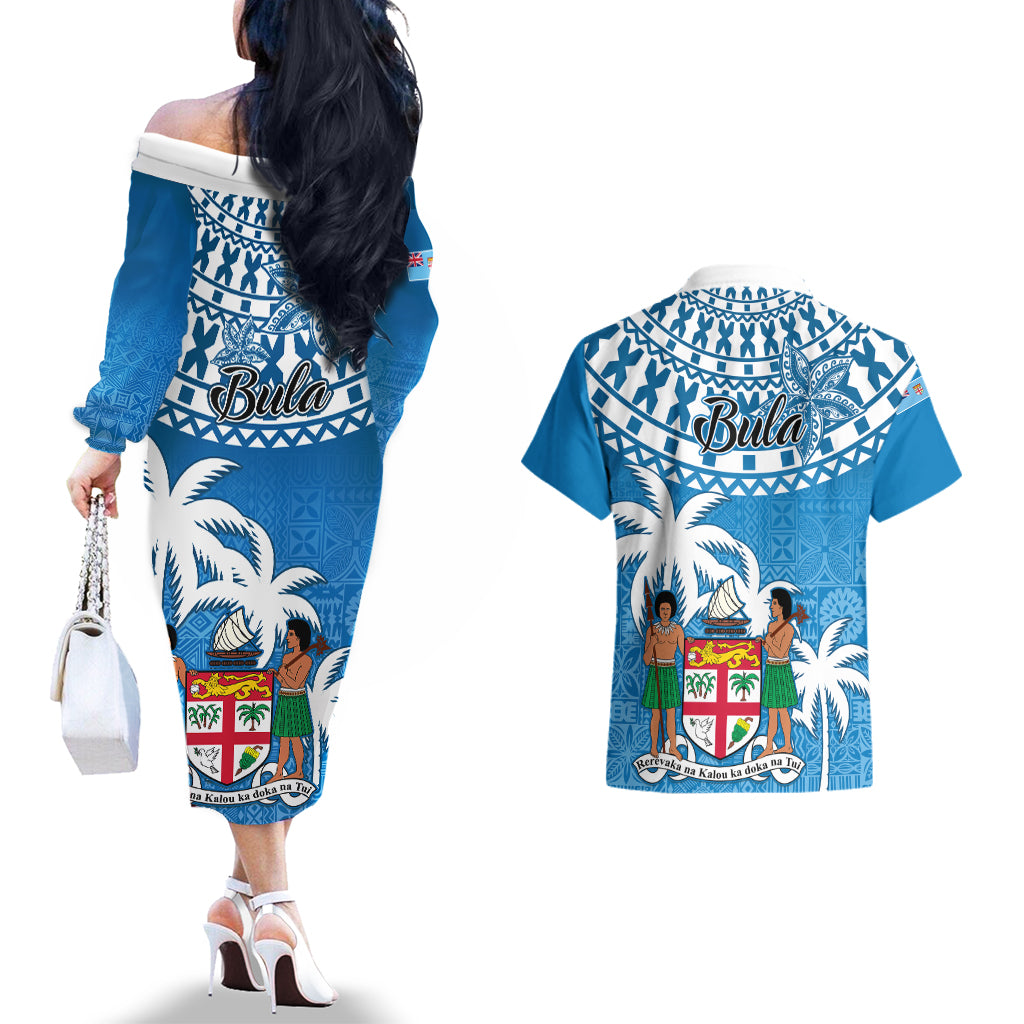 Fiji Couples Matching Off The Shoulder Long Sleeve Dress and Hawaiian Shirt Bula Fijian Tapa Pattern LT01 - Polynesian Pride