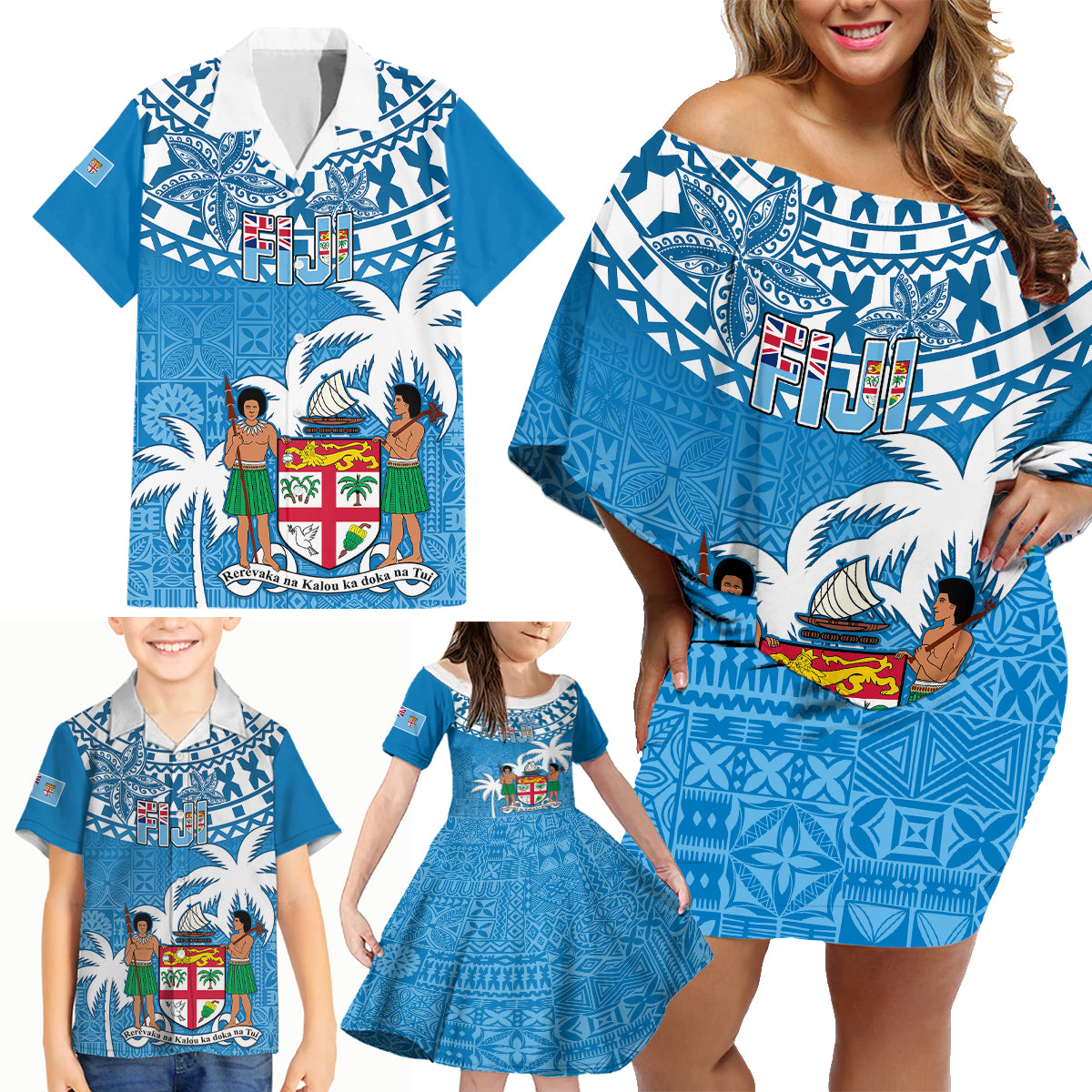 Fiji Family Matching Off Shoulder Short Dress and Hawaiian Shirt Bula Fijian Tapa Pattern LT01 - Polynesian Pride