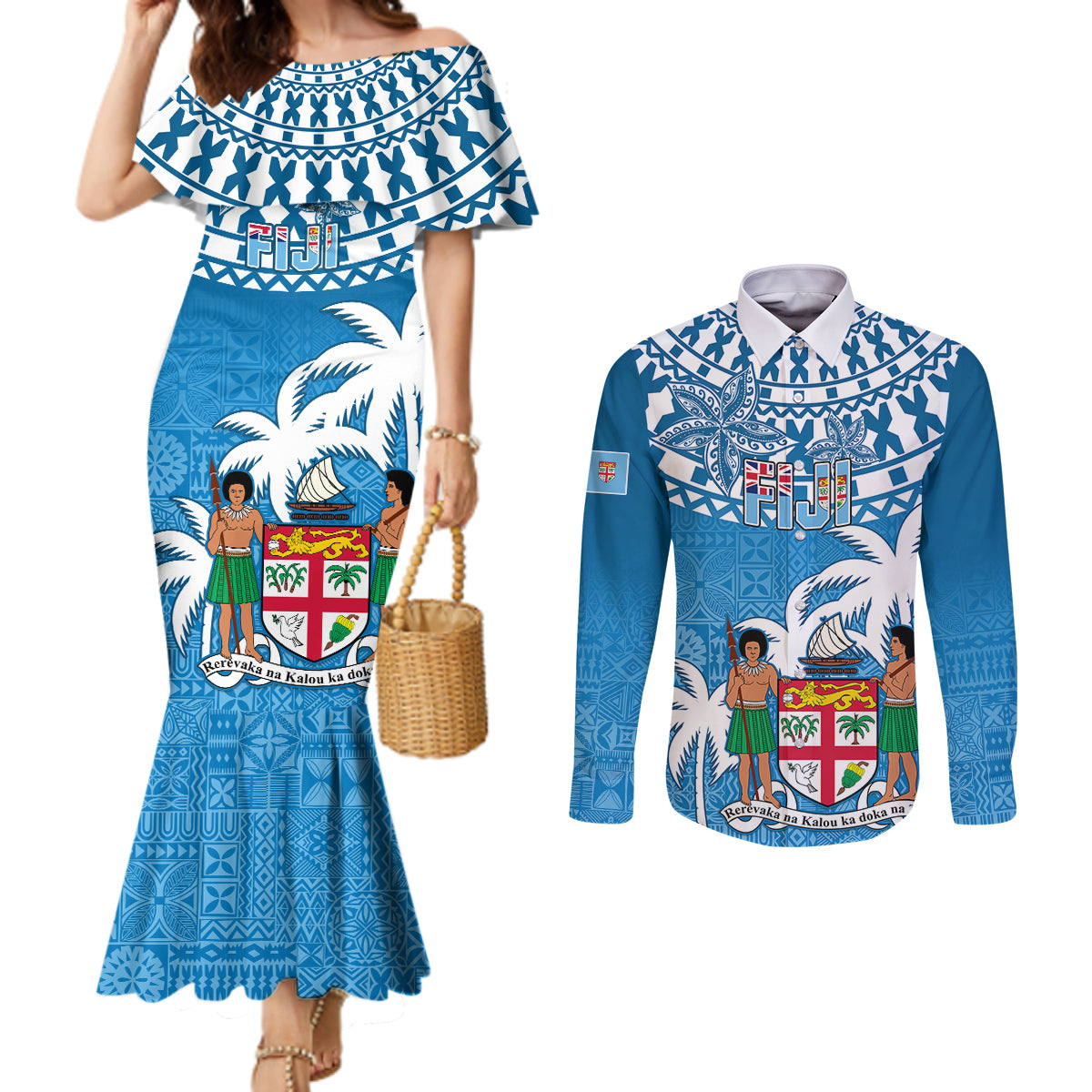 Personalised Fiji Couples Matching Mermaid Dress and Long Sleeve Button Shirts Bula Fijian Tapa Pattern LT01 Blue - Polynesian Pride