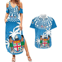 Personalised Fiji Couples Matching Summer Maxi Dress and Hawaiian Shirt Bula Fijian Tapa Pattern LT01 Blue - Polynesian Pride