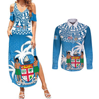 Personalised Fiji Couples Matching Summer Maxi Dress and Long Sleeve Button Shirts Bula Fijian Tapa Pattern LT01 Blue - Polynesian Pride