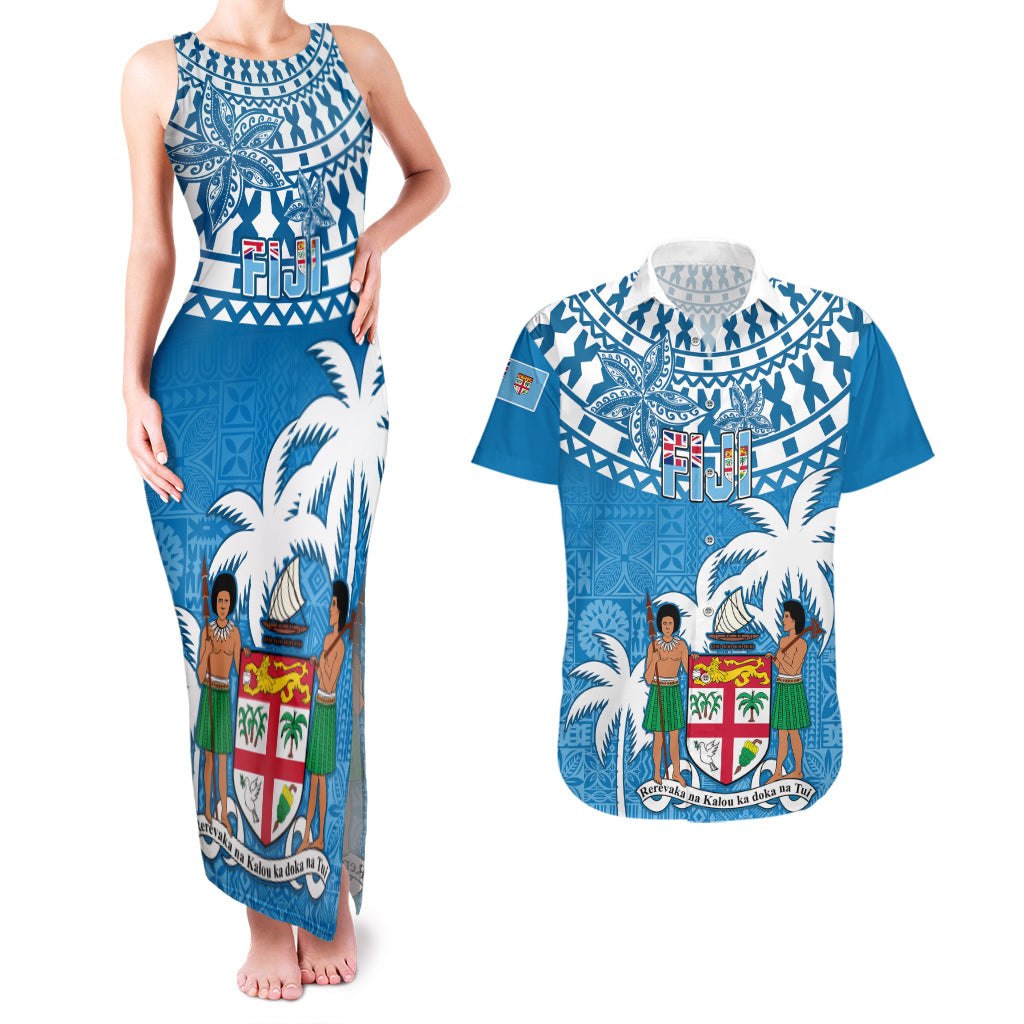 Personalised Fiji Couples Matching Tank Maxi Dress and Hawaiian Shirt Bula Fijian Tapa Pattern LT01 Blue - Polynesian Pride