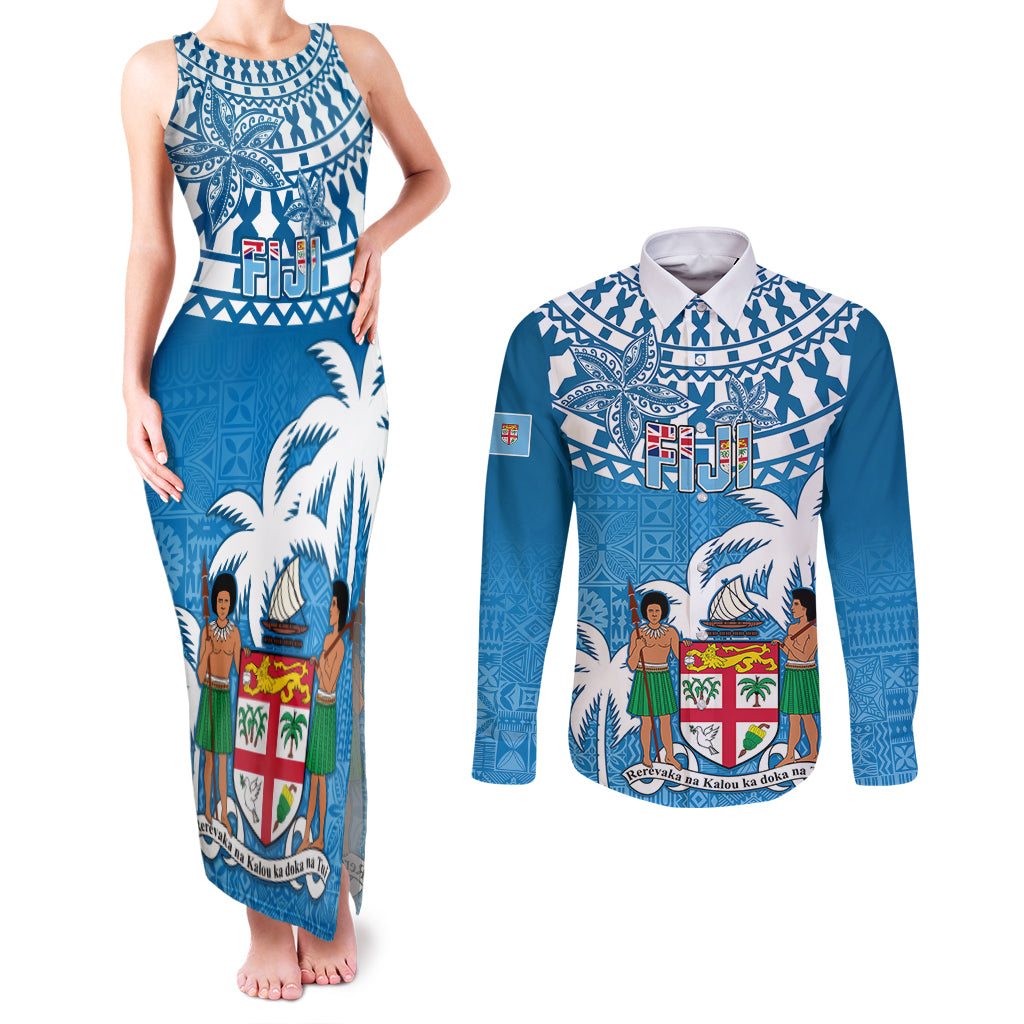 Personalised Fiji Couples Matching Tank Maxi Dress and Long Sleeve Button Shirts Bula Fijian Tapa Pattern LT01 Blue - Polynesian Pride