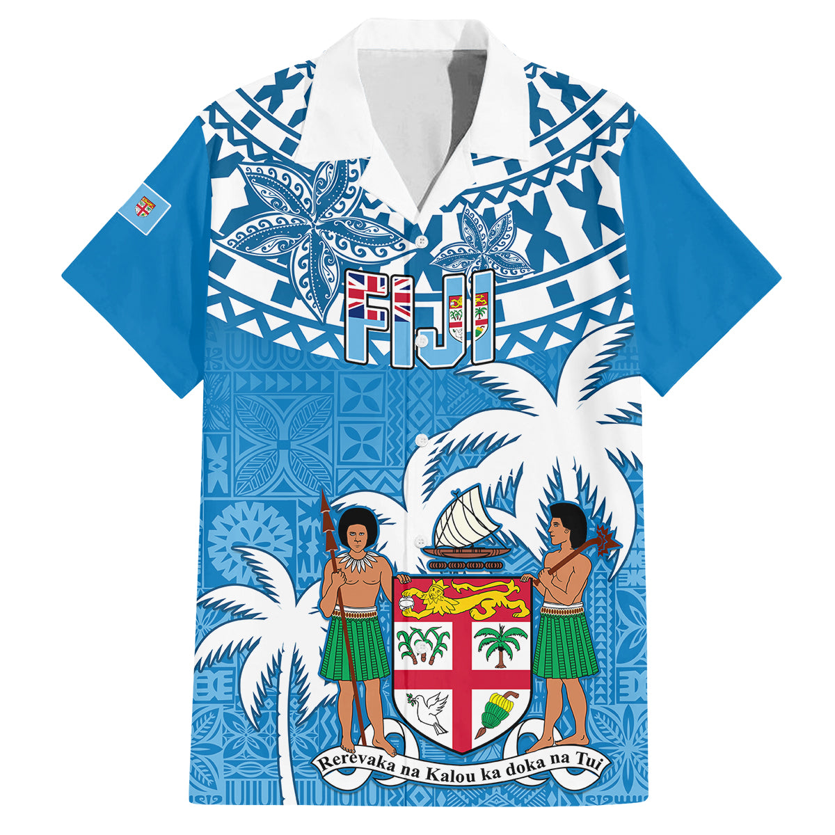 Personalised Fiji Family Matching Puletasi Dress and Hawaiian Shirt Bula Fijian Tapa Pattern LT01 Dad's Shirt - Short Sleeve Blue - Polynesian Pride