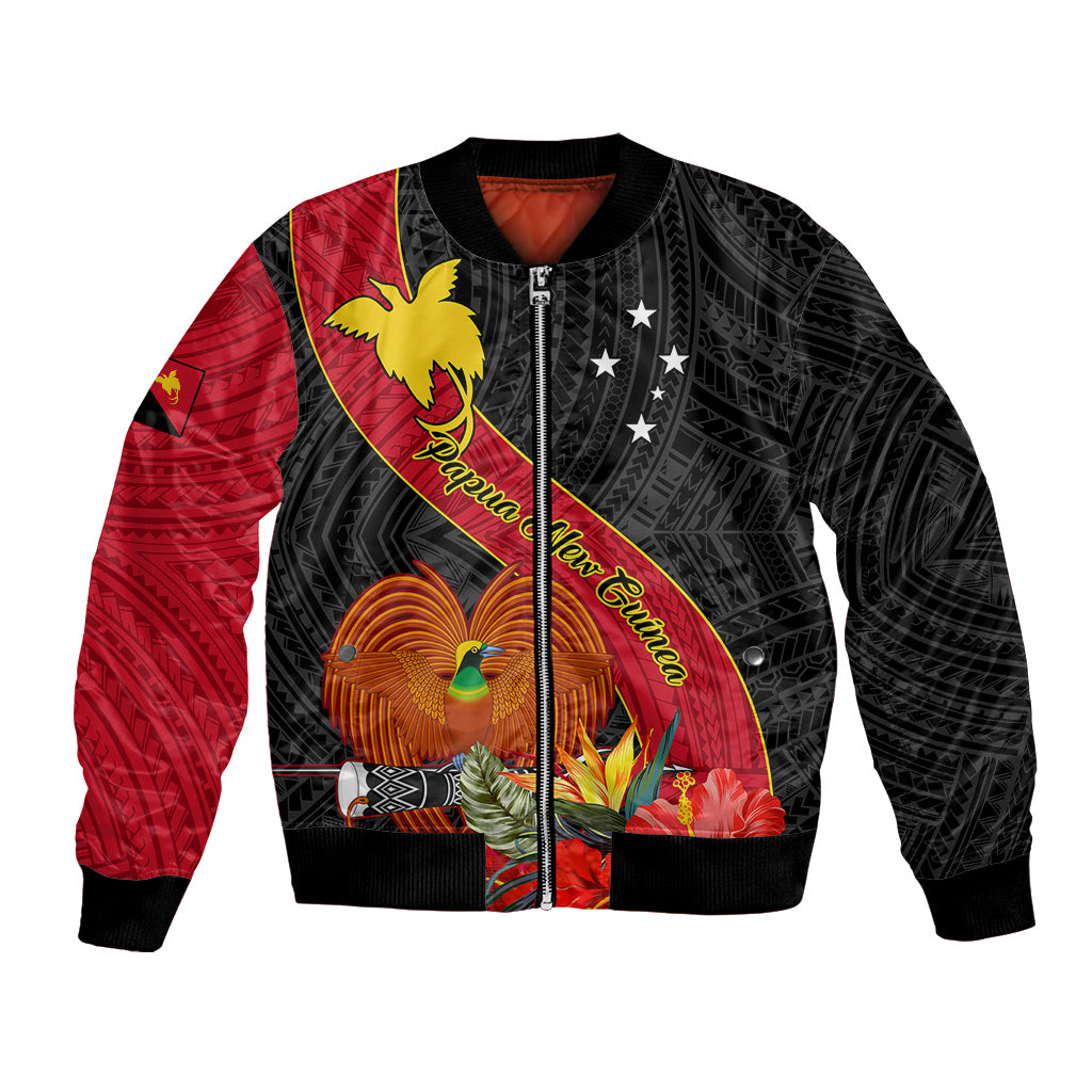 Personalised Papua New Guinea Bomber Jacket Bird Of Paradise With Tropical Flower LT01 Unisex Black - Polynesian Pride