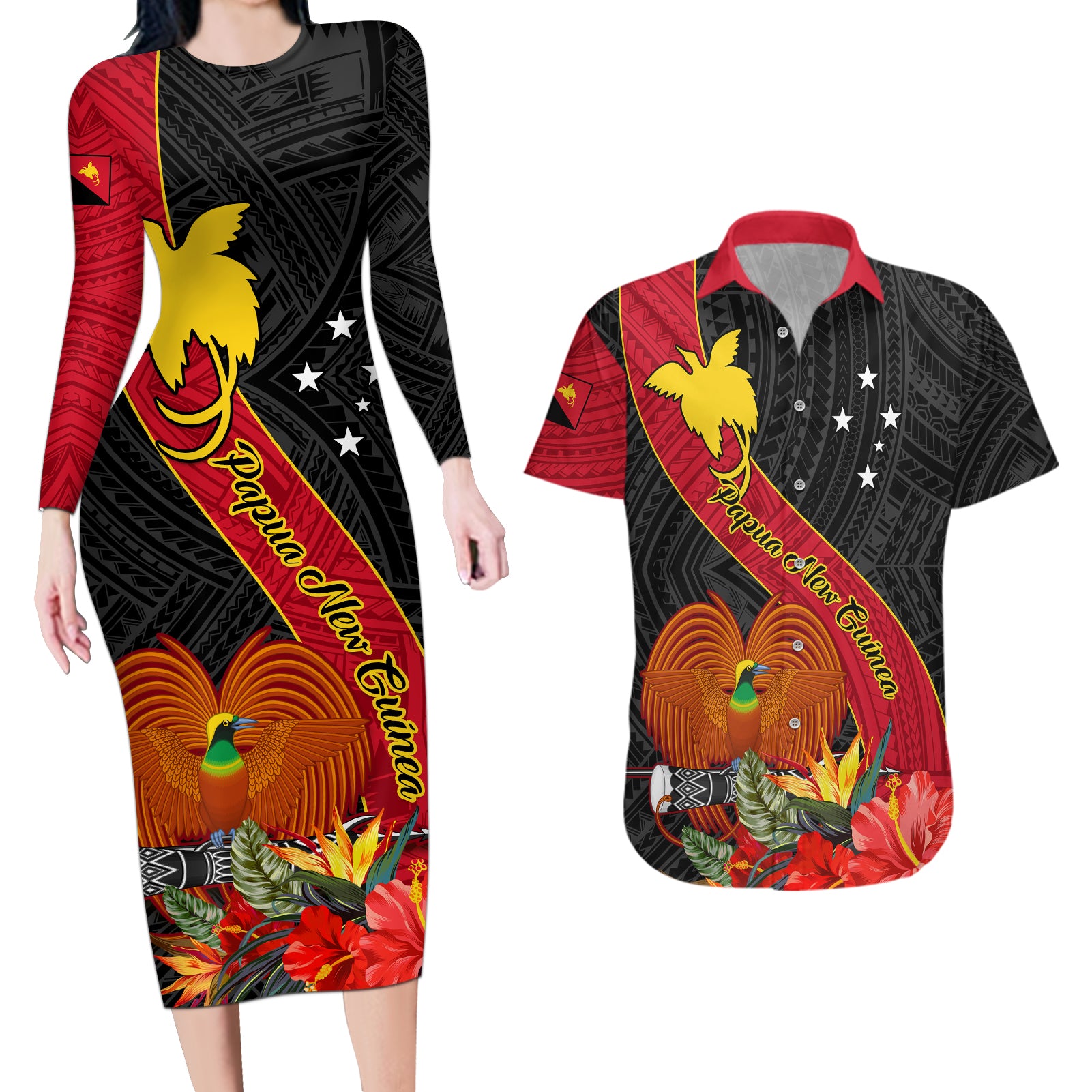 Personalised Papua New Guinea Couples Matching Long Sleeve Bodycon Dress and Hawaiian Shirt Bird Of Paradise With Tropical Flower LT01 Black - Polynesian Pride