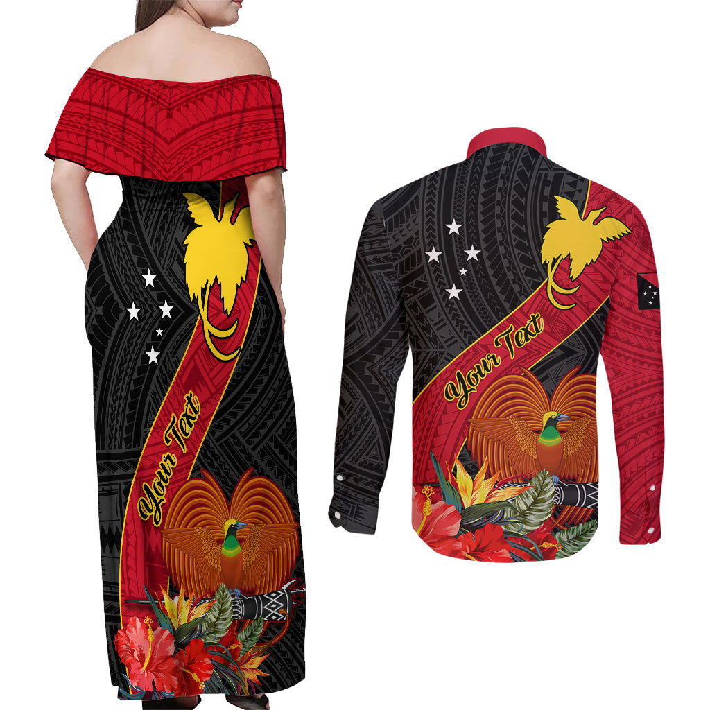 Personalised Papua New Guinea Couples Matching Off Shoulder Maxi Dress and Long Sleeve Button Shirts Bird Of Paradise With Tropical Flower LT01 - Polynesian Pride