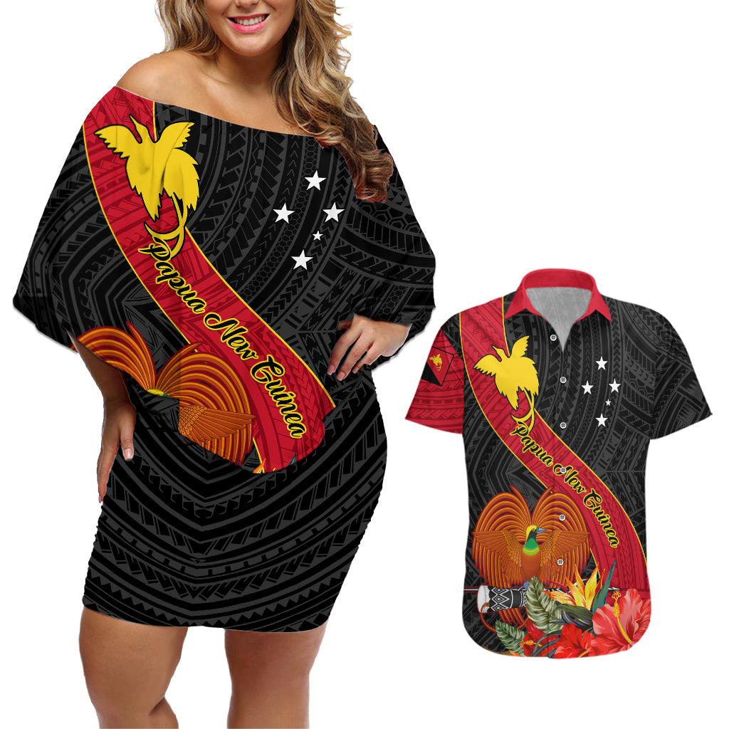 Personalised Papua New Guinea Couples Matching Off Shoulder Short Dress and Hawaiian Shirt Bird Of Paradise With Tropical Flower LT01 Black - Polynesian Pride