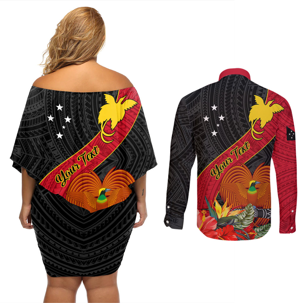 Personalised Papua New Guinea Couples Matching Off Shoulder Short Dress and Long Sleeve Button Shirts Bird Of Paradise With Tropical Flower LT01 - Polynesian Pride