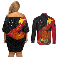 Personalised Papua New Guinea Couples Matching Off Shoulder Short Dress and Long Sleeve Button Shirts Bird Of Paradise With Tropical Flower LT01 - Polynesian Pride